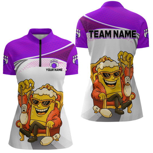 Custom Funny Purple Beer Polo Bowling Team Shirt for Women Quarter-Zip Bowling Jersey Outfit QZT820