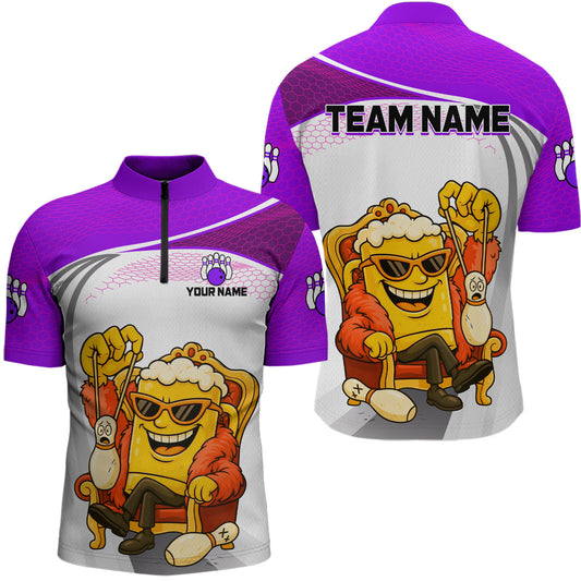 Custom Funny Purple Beer Polo Bowling Team Shirt for Men Quarter-Zip Bowling Jersey Outfit QZT820