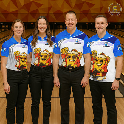 Custom Funny Blue Beer Polo Bowling Team Shirt for Men Quarter-Zip Bowling Jersey Outfit QZT820