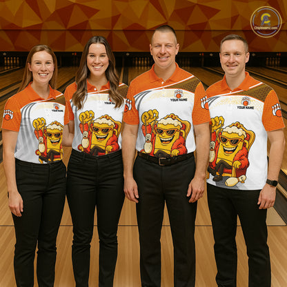 Custom Funny Orange Beer Polo Bowling Team Shirt for Men Quarter-Zip Bowling Jersey Outfit QZT820