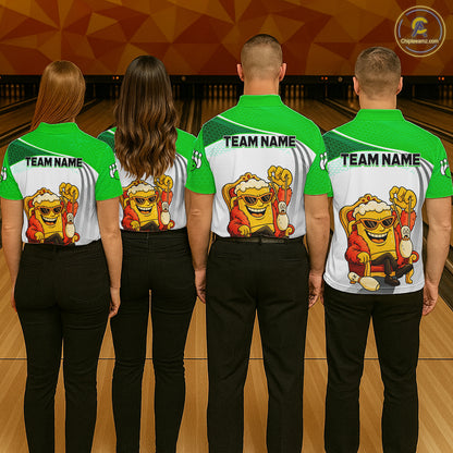 Custom Funny Green Beer Polo Bowling Team Shirt for Men Quarter-Zip Bowling Jersey Outfit QZT820