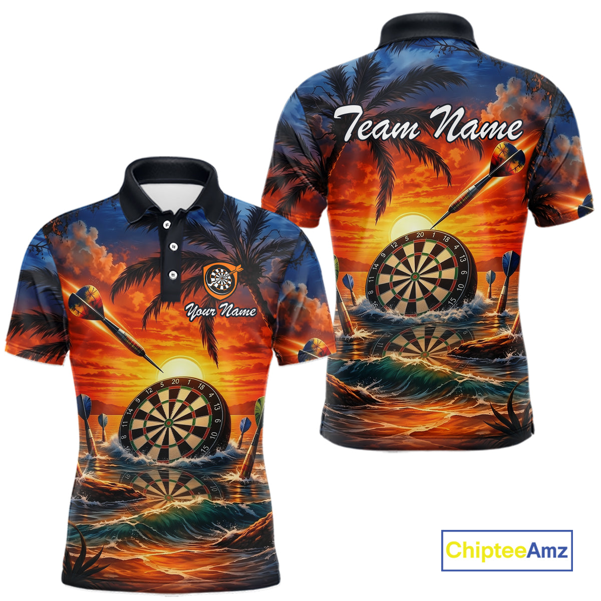 Custom Dart Team Shirts for Men Polo & 1/4 Zip Dart Jersey Sunset Tropical Design Dartboard Shirt DHT30