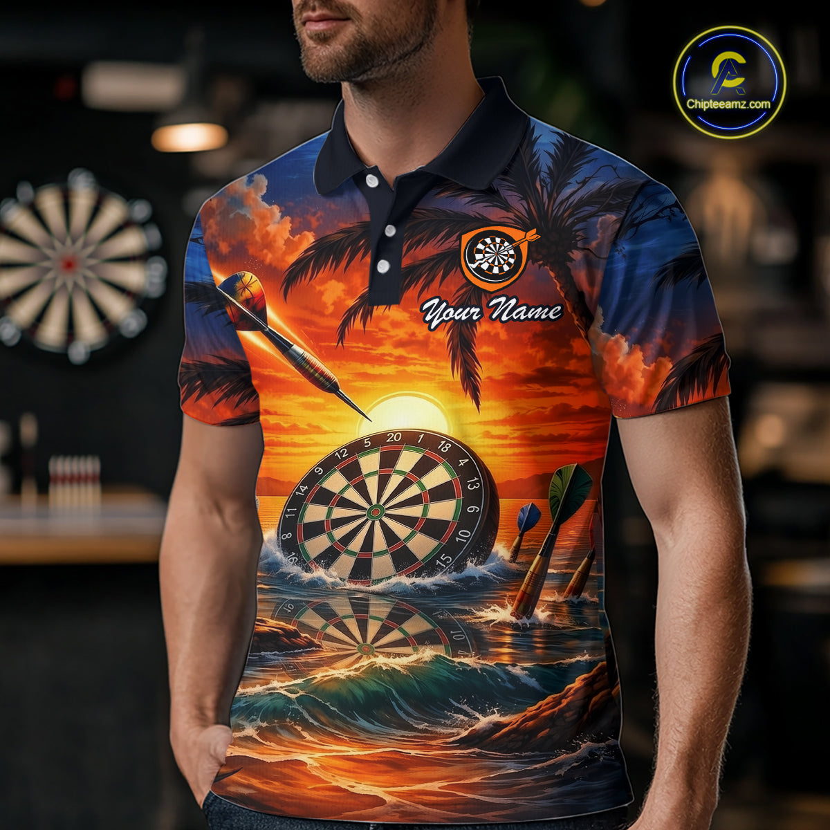 Custom Dart Team Shirts for Men Polo & 1/4 Zip Dart Jersey Sunset Tropical Design Dartboard Shirt DHT30