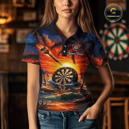 Custom Dart Team Shirts for Women Polo & 1/4 Zip Dart Jersey Sunset Tropical Design Dartboard Shirt DHT30