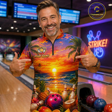 Load image into Gallery viewer, Man in a colorful bowling shirt with a sunset design in a bowling alley.