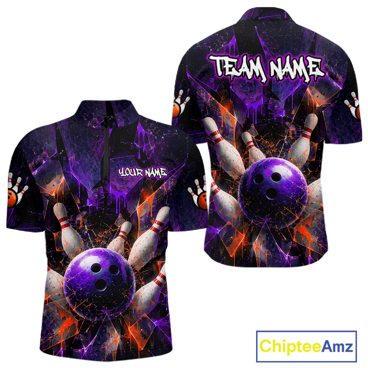 Front and back views of a short-sleeve button-up shirt with a bowling-themed graphic print. The design features a large purple bowling ball, white bowling pins, and an abstract purple, black, and orange background.