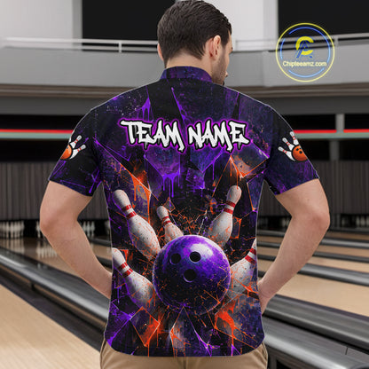 A man viewed from behind wearing a short-sleeve bowling-themed shirt with a purple and black cosmic design, bowling pins, a bowling ball, and the text 'TEAM NAME' on the back. Bowling lanes are visible in the background.