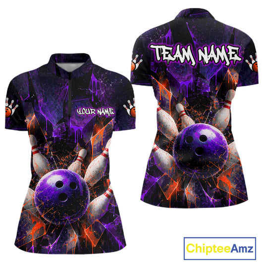 Front and back views of a short-sleeve bowling-themed polo shirt on a white background. The shirt features a dark purple and black cosmic background with glowing orange cracks, a large purple bowling ball, white bowling pins, and customizable text reading 'TEAM NAME' on the back and 'YOUR NAME' on the front.