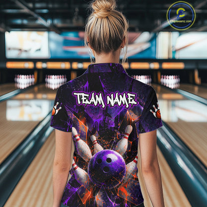 A woman viewed from behind wearing a custom bowling-themed short-sleeve collared shirt with a purple and black cosmic design, bowling pins, and a purple bowling ball graphic. The shirt features the text 'TEAM NAME' on the back.