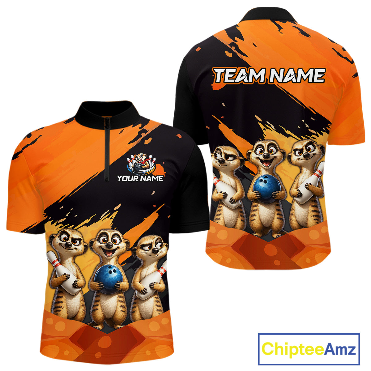 Custom short-sleeve athletic jersey shown from the front and back, featuring a black and orange paint-splatter design with cartoon meerkats holding bowling balls and customizable text areas.