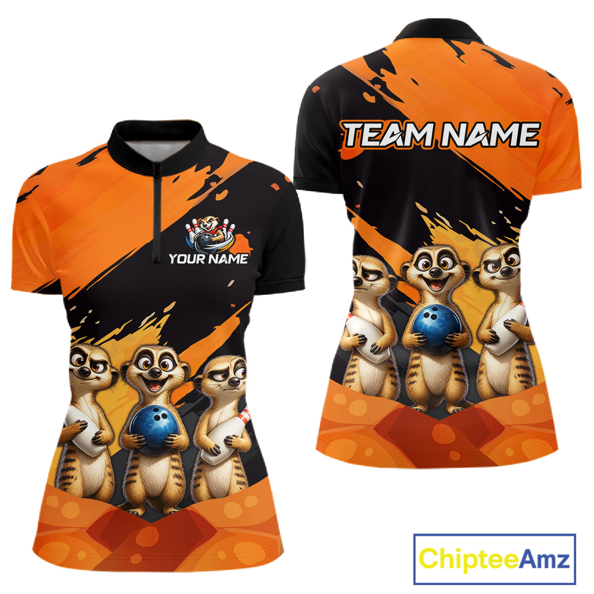 Front and back views of a short-sleeve polo shirt featuring cartoon meerkats, orange and black brushstroke graphics, customizable text fields, and a ChipteeAmz logo on a white background.