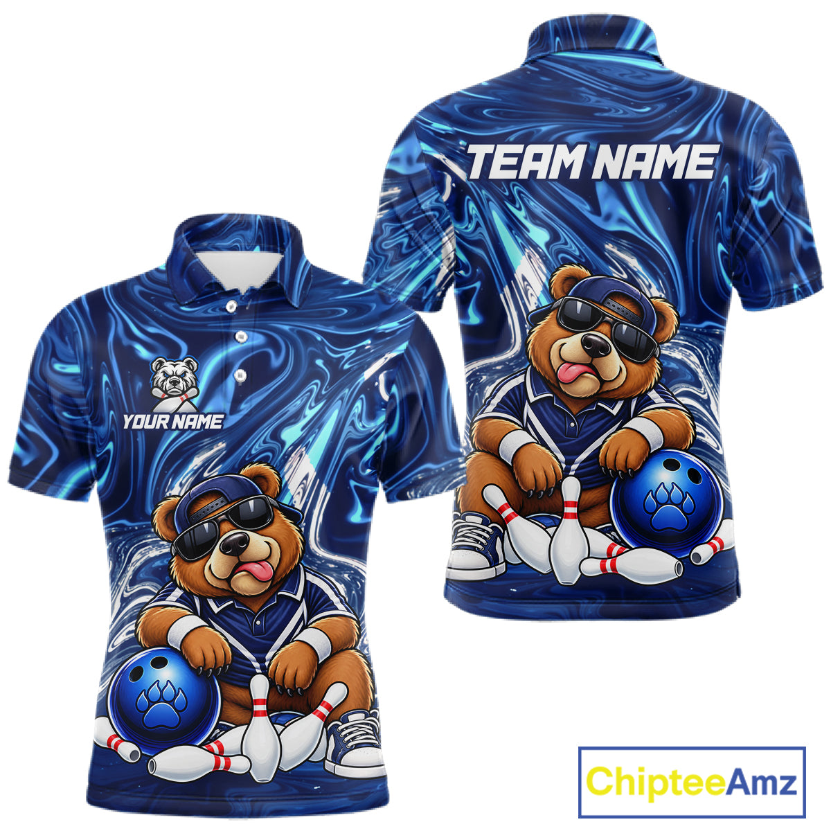 Custom Funny Bear Bowling Shirt for Men Blue Bowling Jersey Polo & 1/4-Zip QZT1308