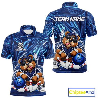 Custom Funny Bear Bowling Shirt for Men Blue Bowling Jersey Polo & 1/4-Zip QZT1308