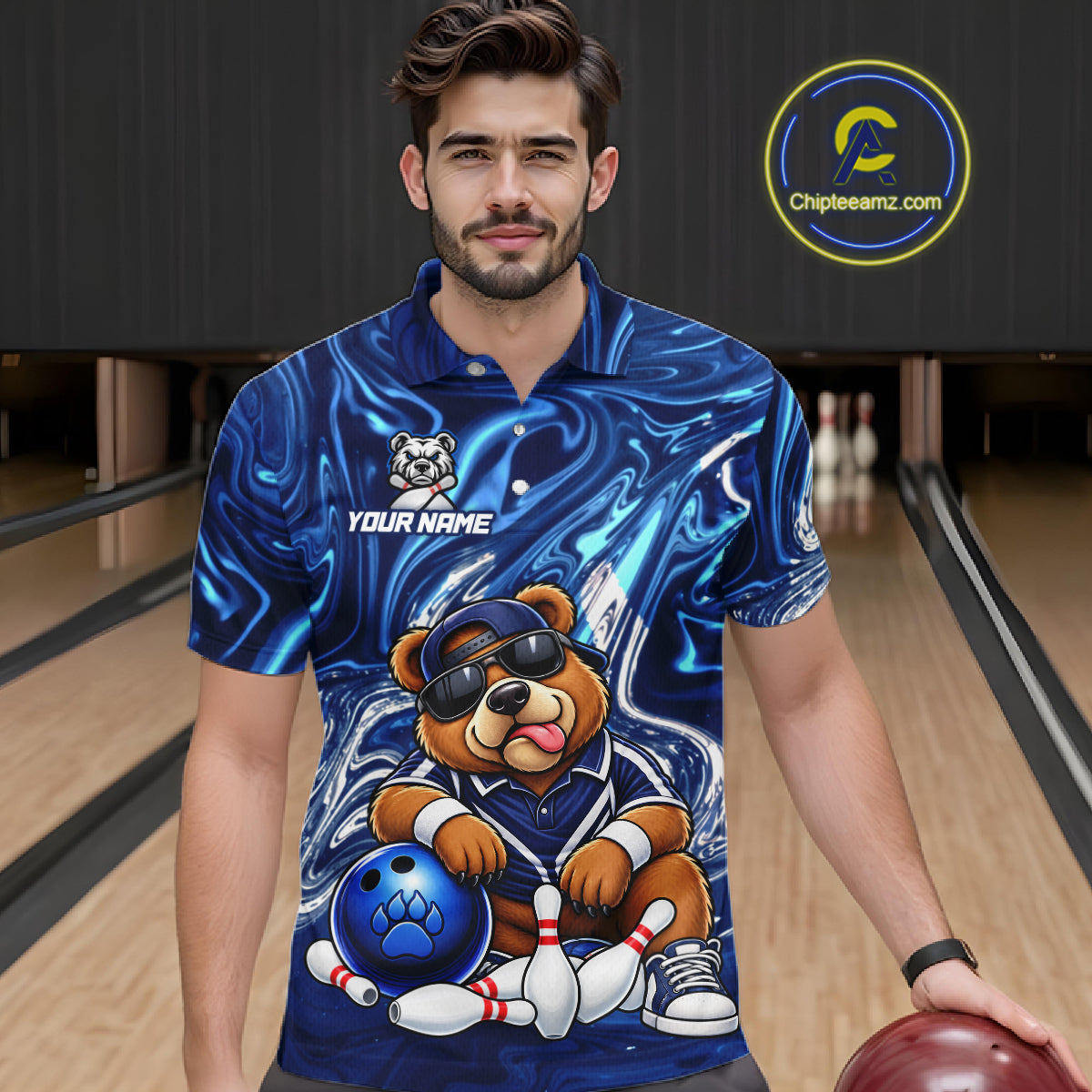 Custom Funny Bear Bowling Shirt for Men Blue Bowling Jersey Polo & 1/4-Zip QZT1308