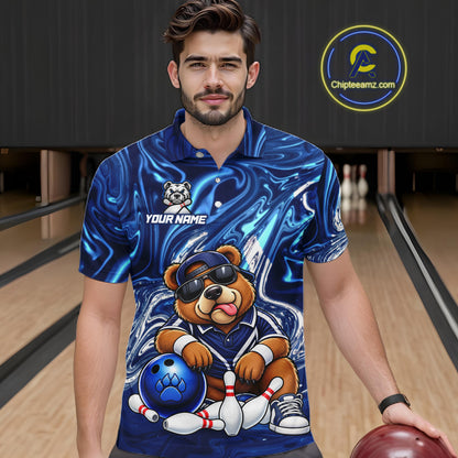 Custom Funny Bear Bowling Shirt for Men Blue Bowling Jersey Polo & 1/4-Zip QZT1308