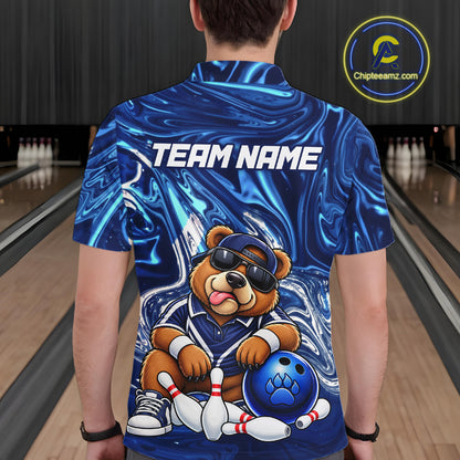 Custom Funny Bear Bowling Shirt for Men Blue Bowling Jersey Polo & 1/4-Zip QZT1308