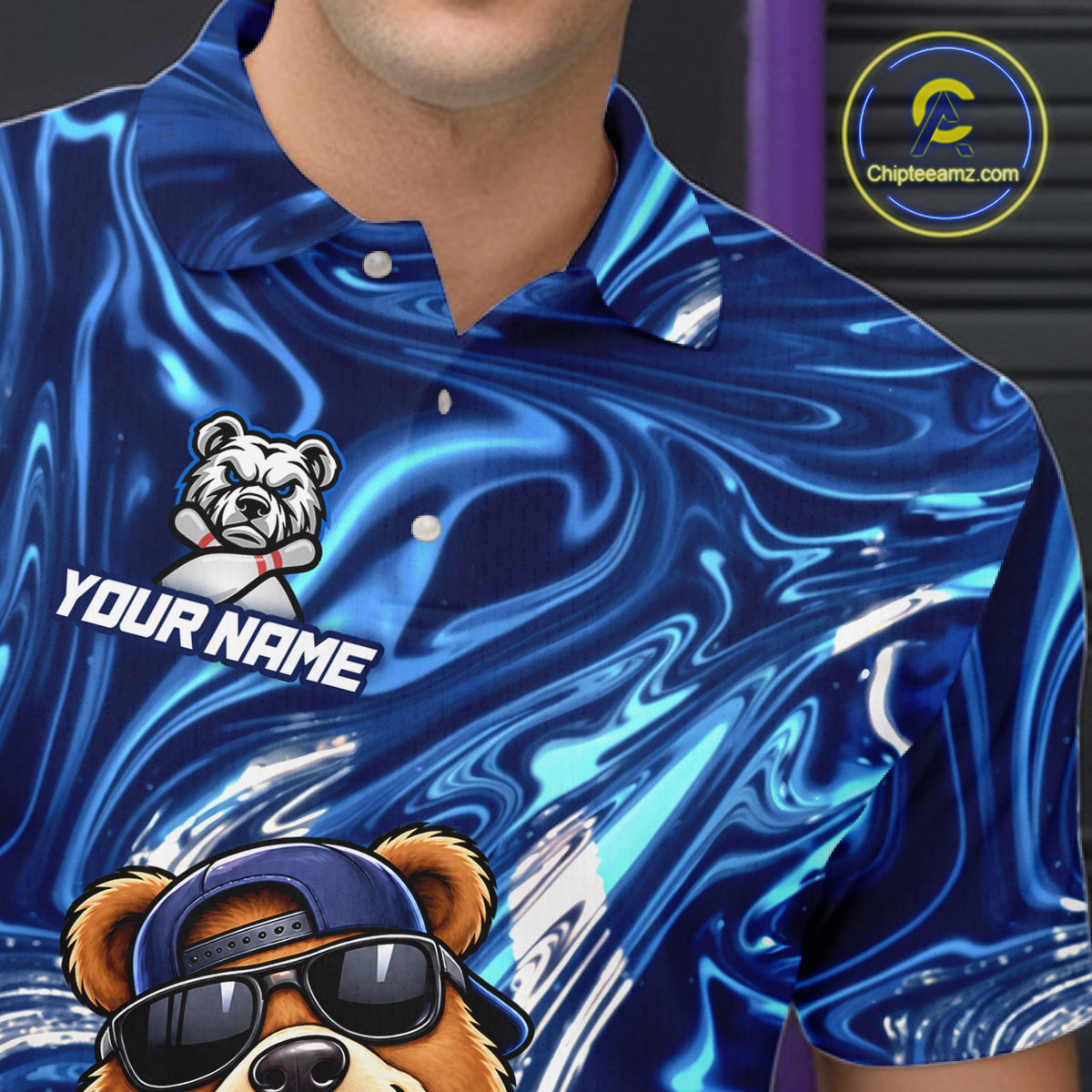 Custom Funny Bear Bowling Shirt for Men Blue Bowling Jersey Polo & 1/4-Zip QZT1308