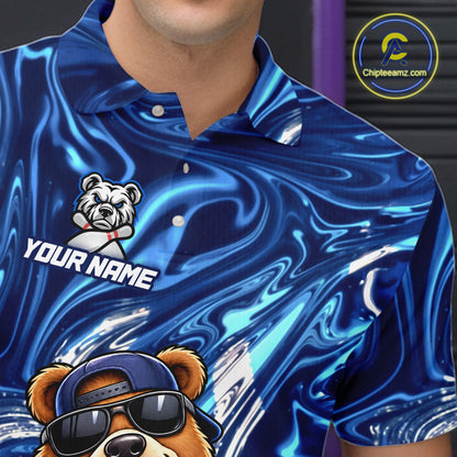 Custom Funny Bear Bowling Shirt for Men Blue Bowling Jersey Polo & 1/4-Zip QZT1308