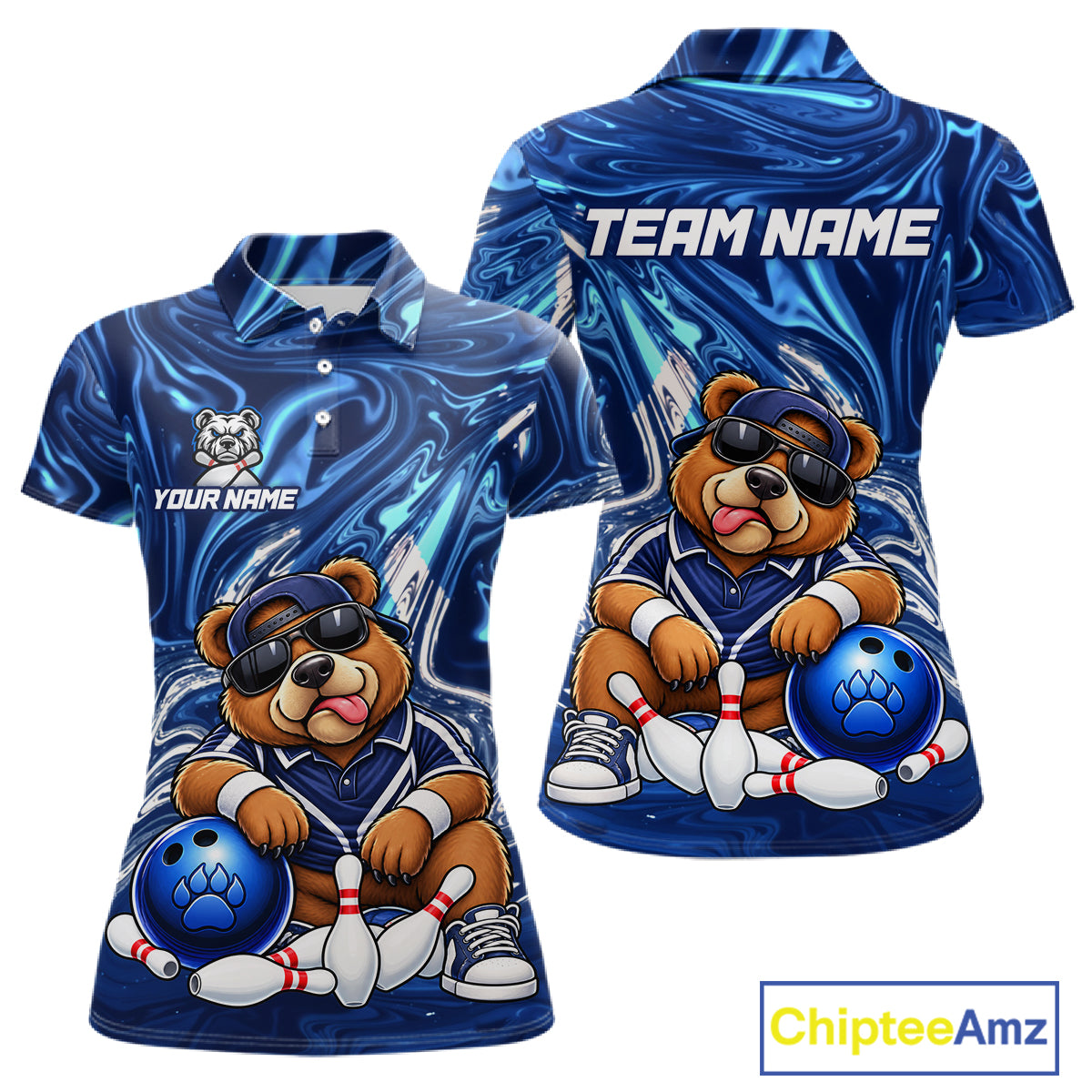 Custom Funny Bear Bowling Shirt for Women Blue Bowling Jersey Polo & 1/4-Zip QZT1308
