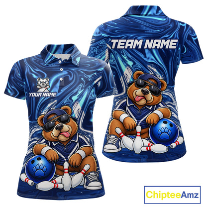 Custom Funny Bear Bowling Shirt for Women Blue Bowling Jersey Polo & 1/4-Zip QZT1308