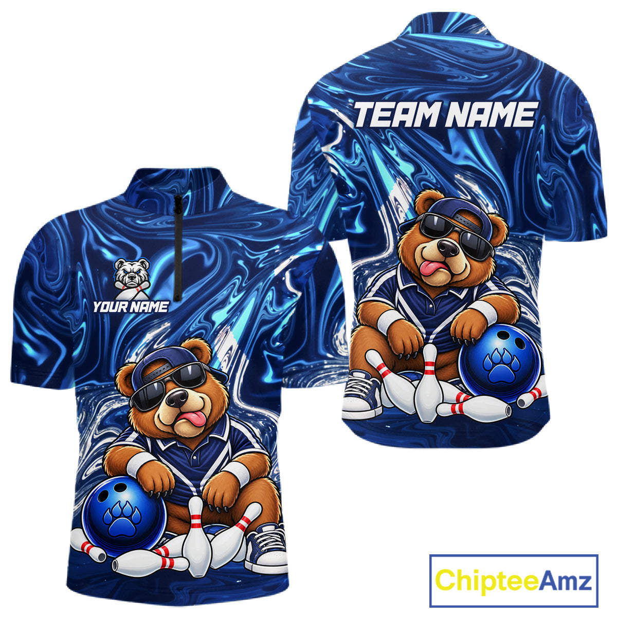 Custom Funny Bear Bowling Shirt for Men Blue Bowling Jersey Polo & 1/4-Zip QZT1308