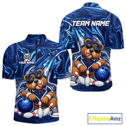 Custom Funny Bear Bowling Shirt for Men Blue Bowling Jersey Polo & 1/4-Zip QZT1308