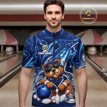 Custom Funny Bear Bowling Shirt for Men Blue Bowling Jersey Polo & 1/4-Zip QZT1308