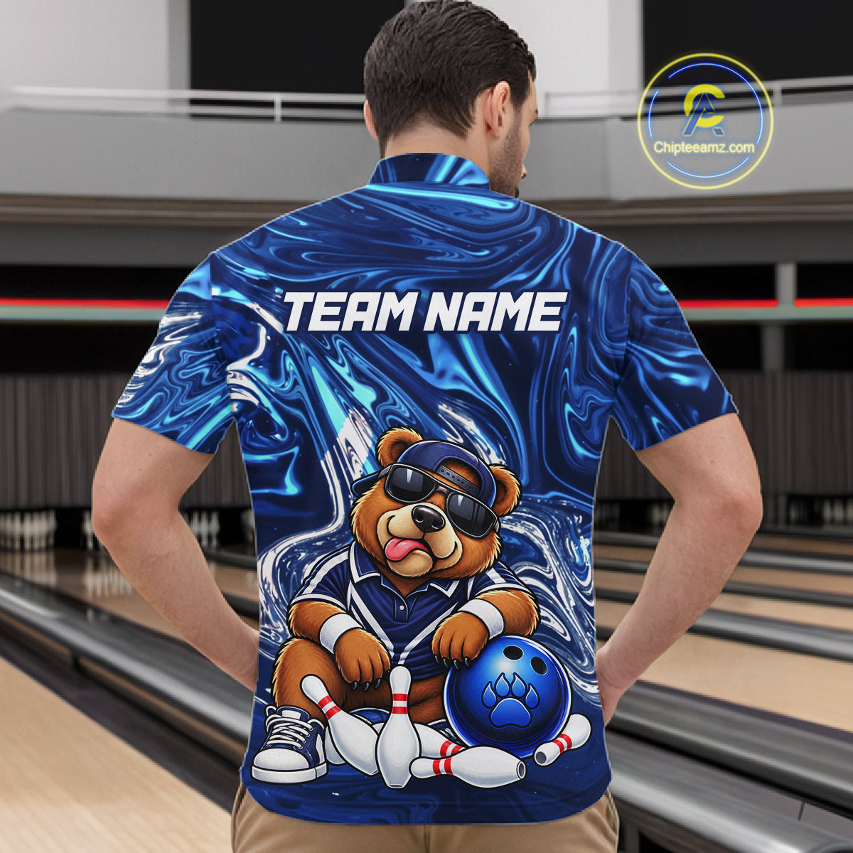 Custom Funny Bear Bowling Shirt for Men Blue Bowling Jersey Polo & 1/4-Zip QZT1308