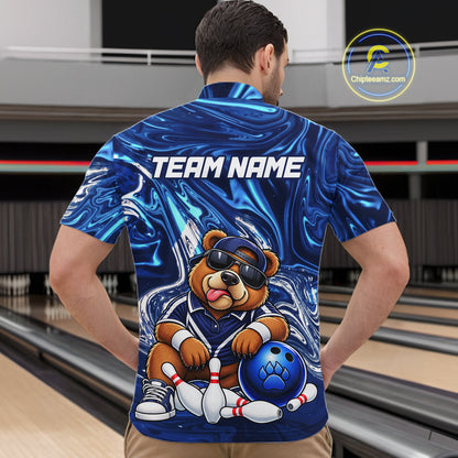 Custom Funny Bear Bowling Shirt for Men Blue Bowling Jersey Polo & 1/4-Zip QZT1308