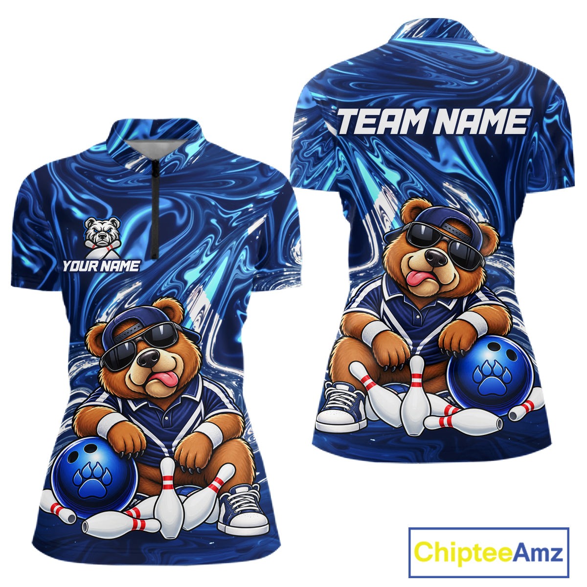 Custom Funny Bear Bowling Shirt for Women Blue Bowling Jersey Polo & 1/4-Zip QZT1308