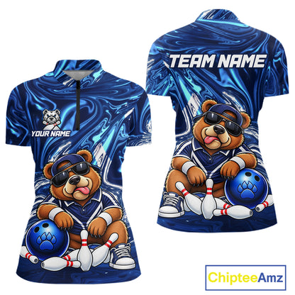 Custom Funny Bear Bowling Shirt for Women Blue Bowling Jersey Polo & 1/4-Zip QZT1308