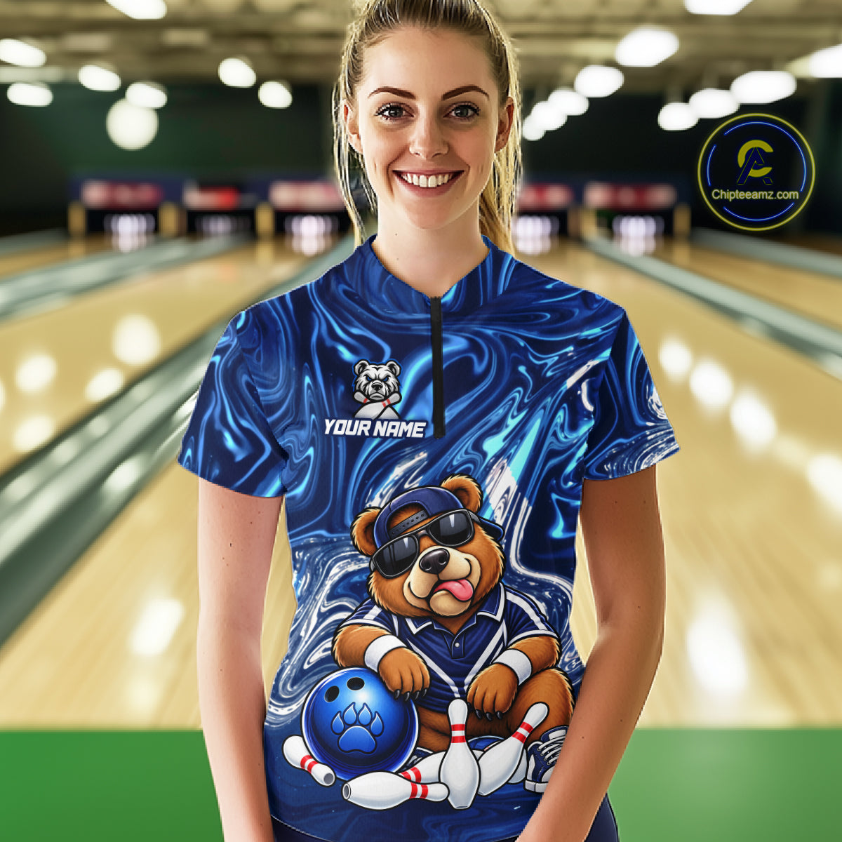 Custom Funny Bear Bowling Shirt for Women Blue Bowling Jersey Polo & 1/4-Zip QZT1308