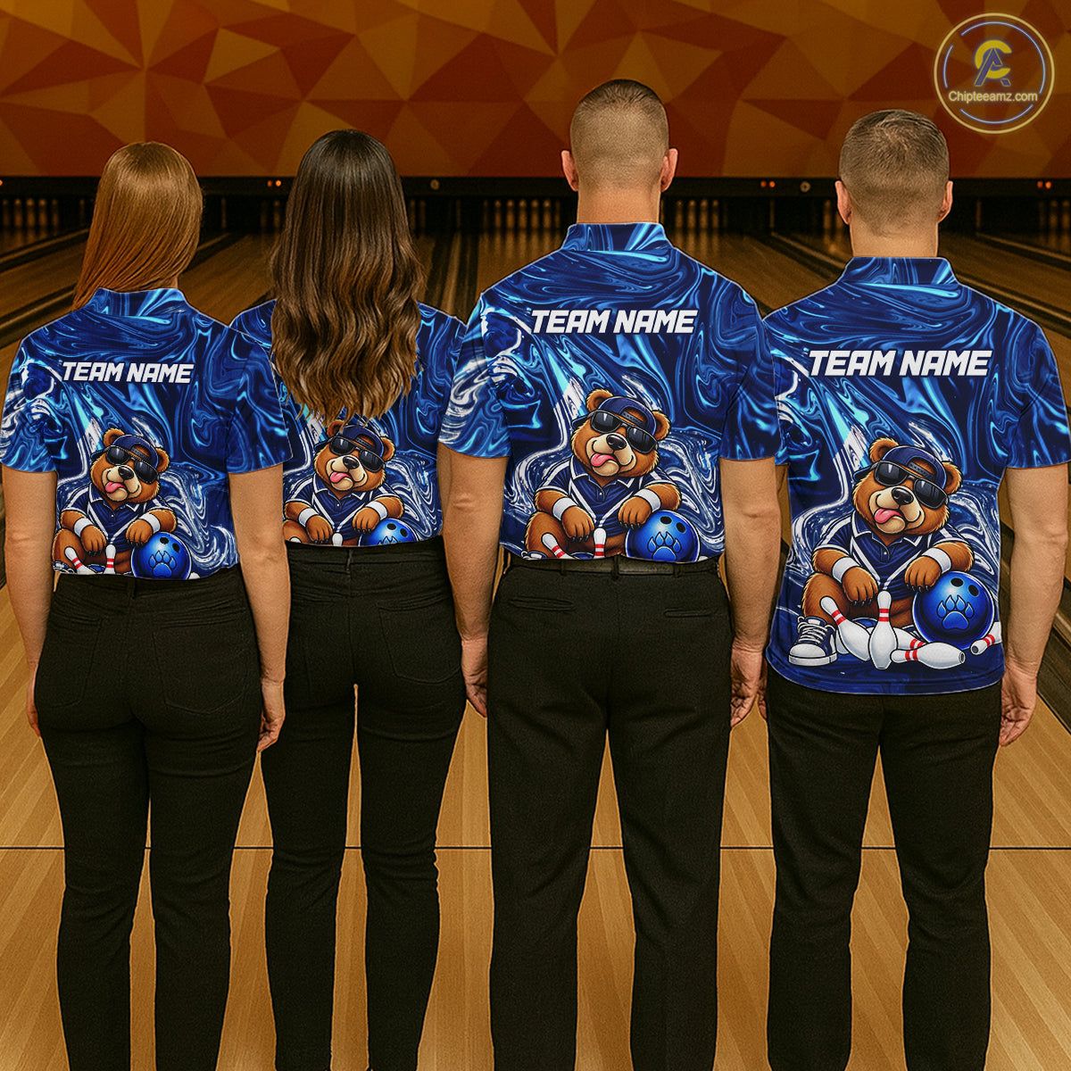Custom Funny Bear Bowling Shirt for Women Blue Bowling Jersey Polo & 1/4-Zip QZT1308