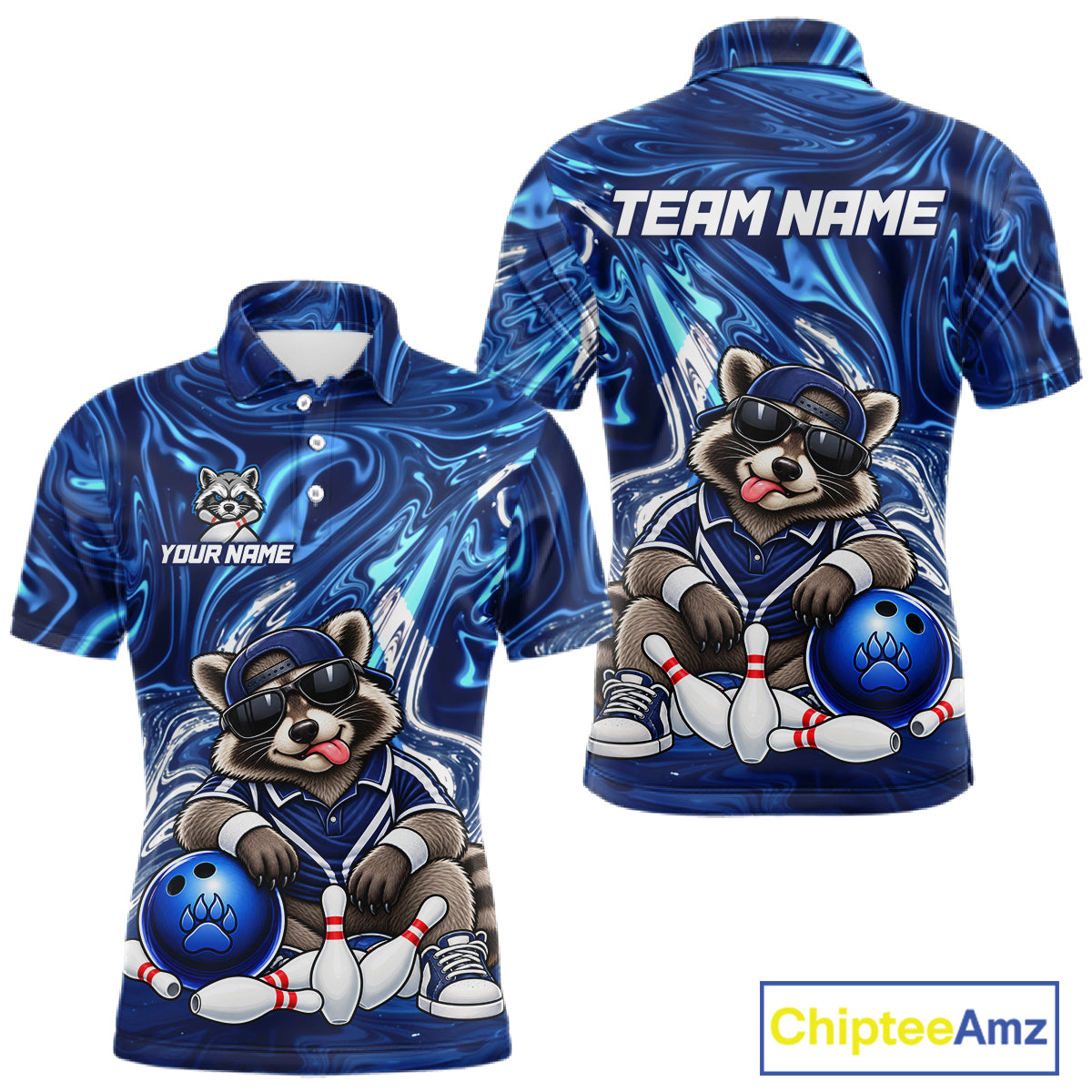 Custom Funny Raccoon Bowling Shirt for Men Blue Bowling Jersey Polo & 1/4-Zip QZT1309