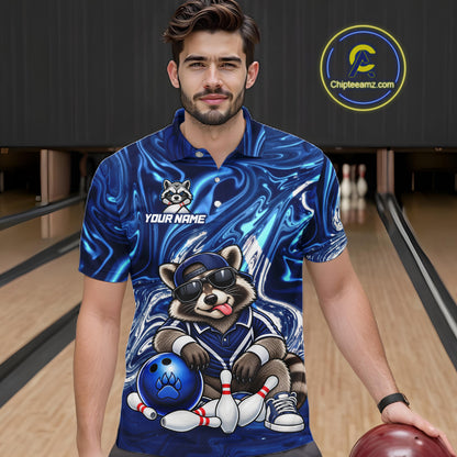Custom Funny Raccoon Bowling Shirt for Men Blue Bowling Jersey Polo & 1/4-Zip QZT1309