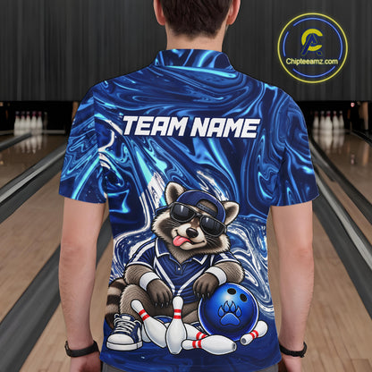 Custom Funny Raccoon Bowling Shirt for Men Blue Bowling Jersey Polo & 1/4-Zip QZT1309
