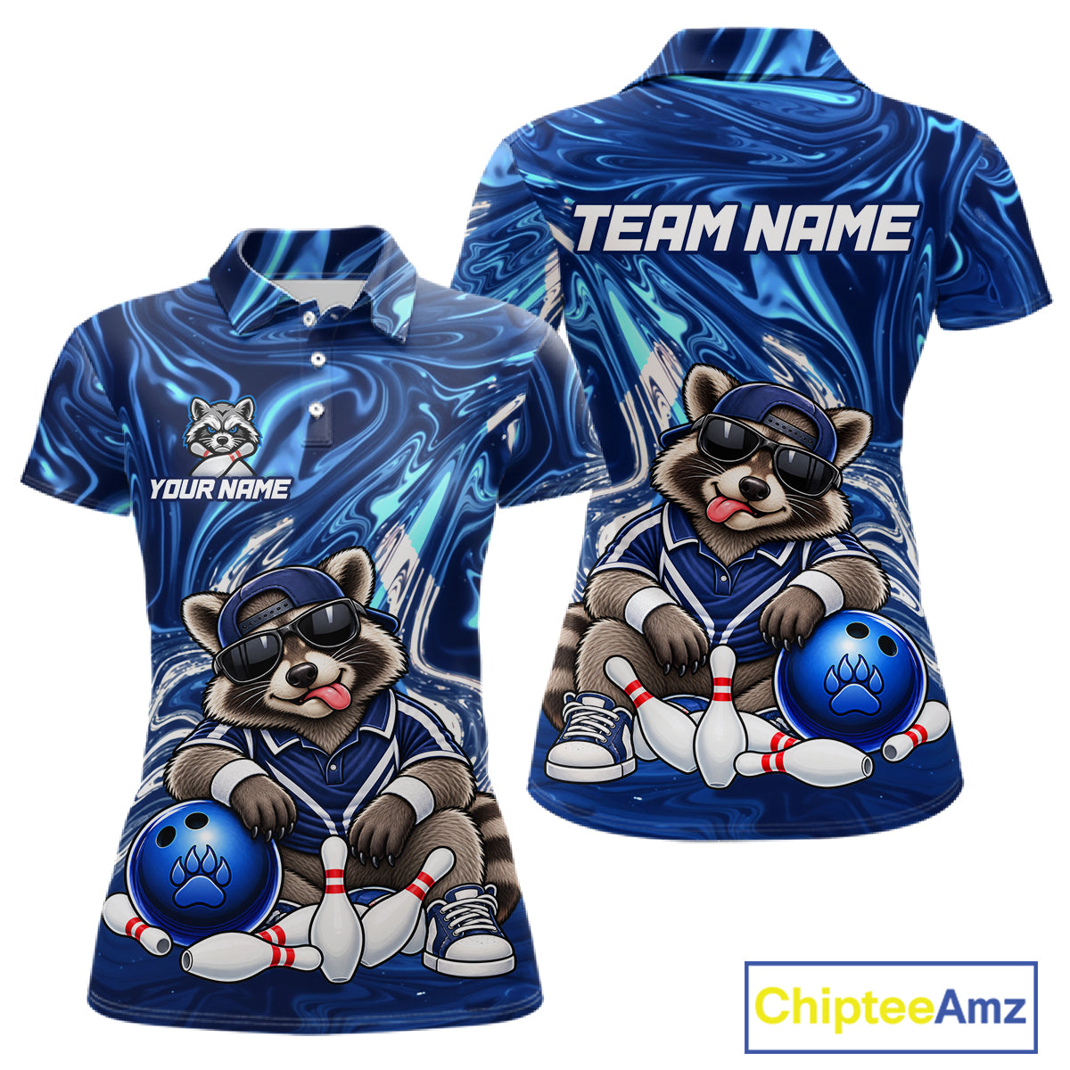 Custom Funny Raccoon Bowling Shirt for Women Blue Bowling Jersey Polo & 1/4-Zip QZT1309