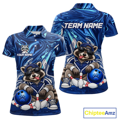 Custom Funny Raccoon Bowling Shirt for Women Blue Bowling Jersey Polo & 1/4-Zip QZT1309