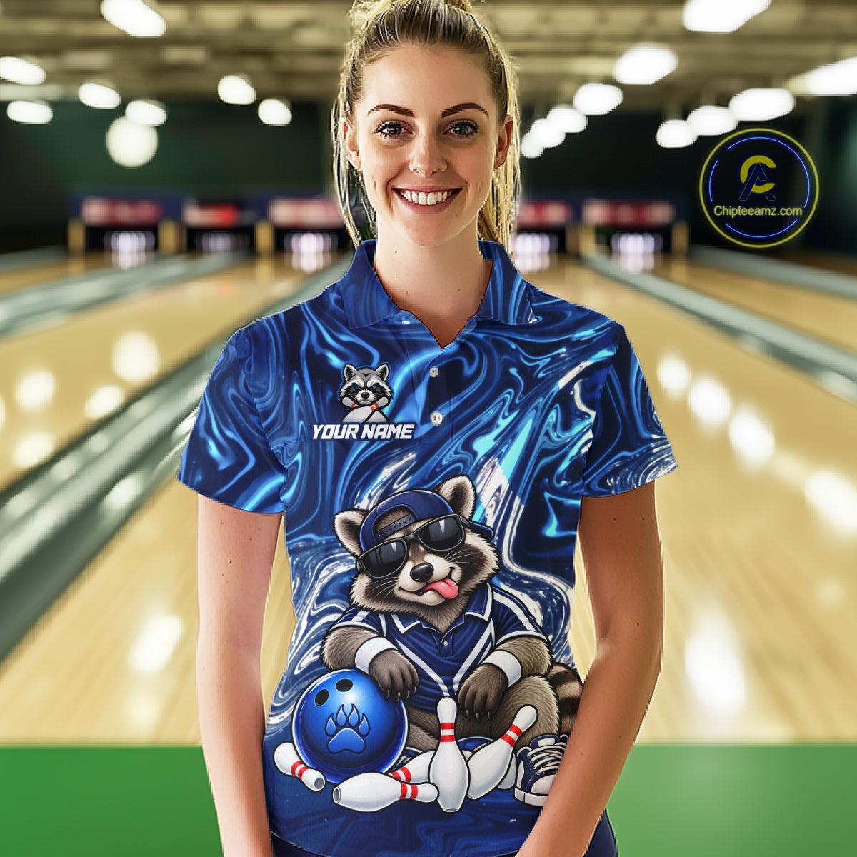 Custom Funny Raccoon Bowling Shirt for Women Blue Bowling Jersey Polo & 1/4-Zip QZT1309