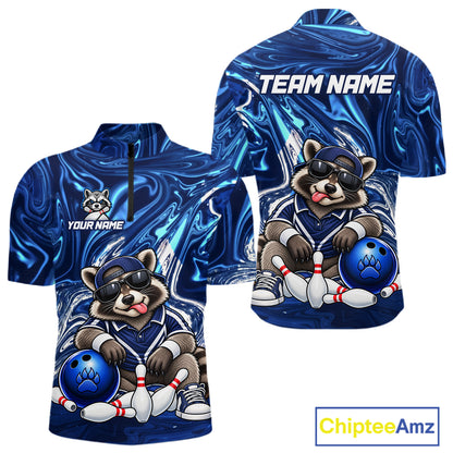 Custom Funny Raccoon Bowling Shirt for Men Blue Bowling Jersey Polo & 1/4-Zip QZT1309