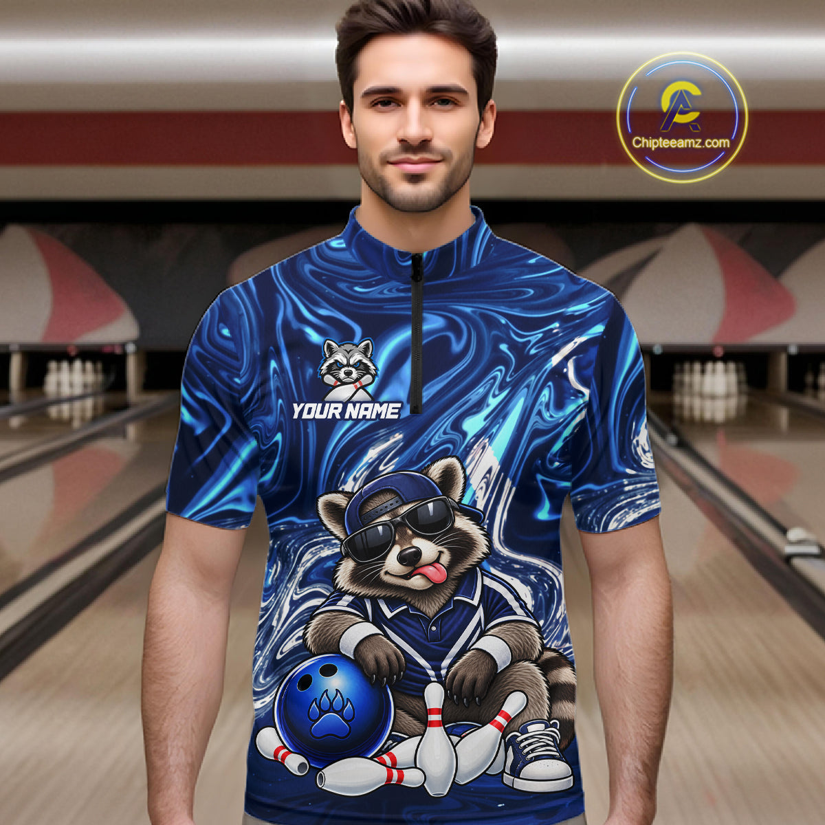 Custom Funny Raccoon Bowling Shirt for Men Blue Bowling Jersey Polo & 1/4-Zip QZT1309