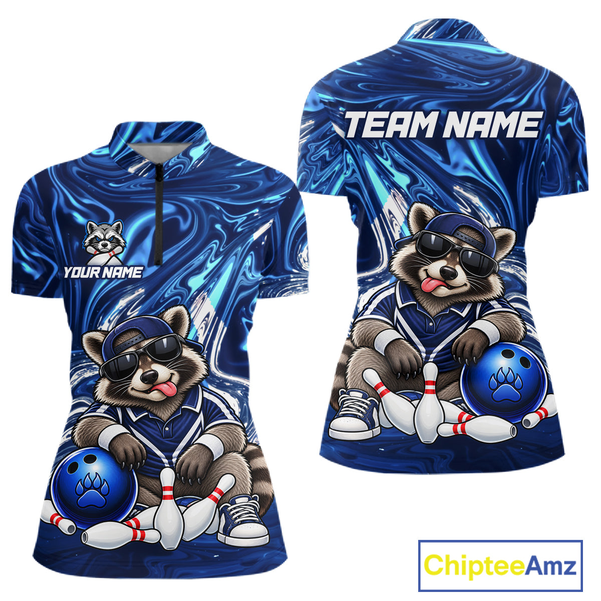 Custom Funny Raccoon Bowling Shirt for Women Blue Bowling Jersey Polo & 1/4-Zip QZT1309