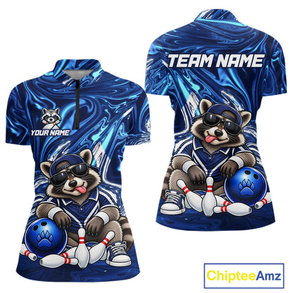 Custom Funny Raccoon Bowling Shirt for Women Blue Bowling Jersey Polo & 1/4-Zip QZT1309