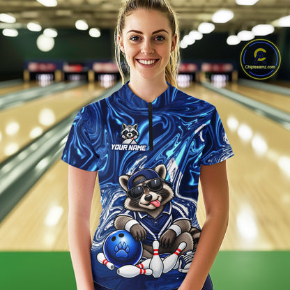 Custom Funny Raccoon Bowling Shirt for Women Blue Bowling Jersey Polo & 1/4-Zip QZT1309