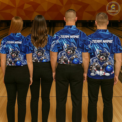 Custom Funny Raccoon Bowling Shirt for Men Blue Bowling Jersey Polo & 1/4-Zip QZT1309