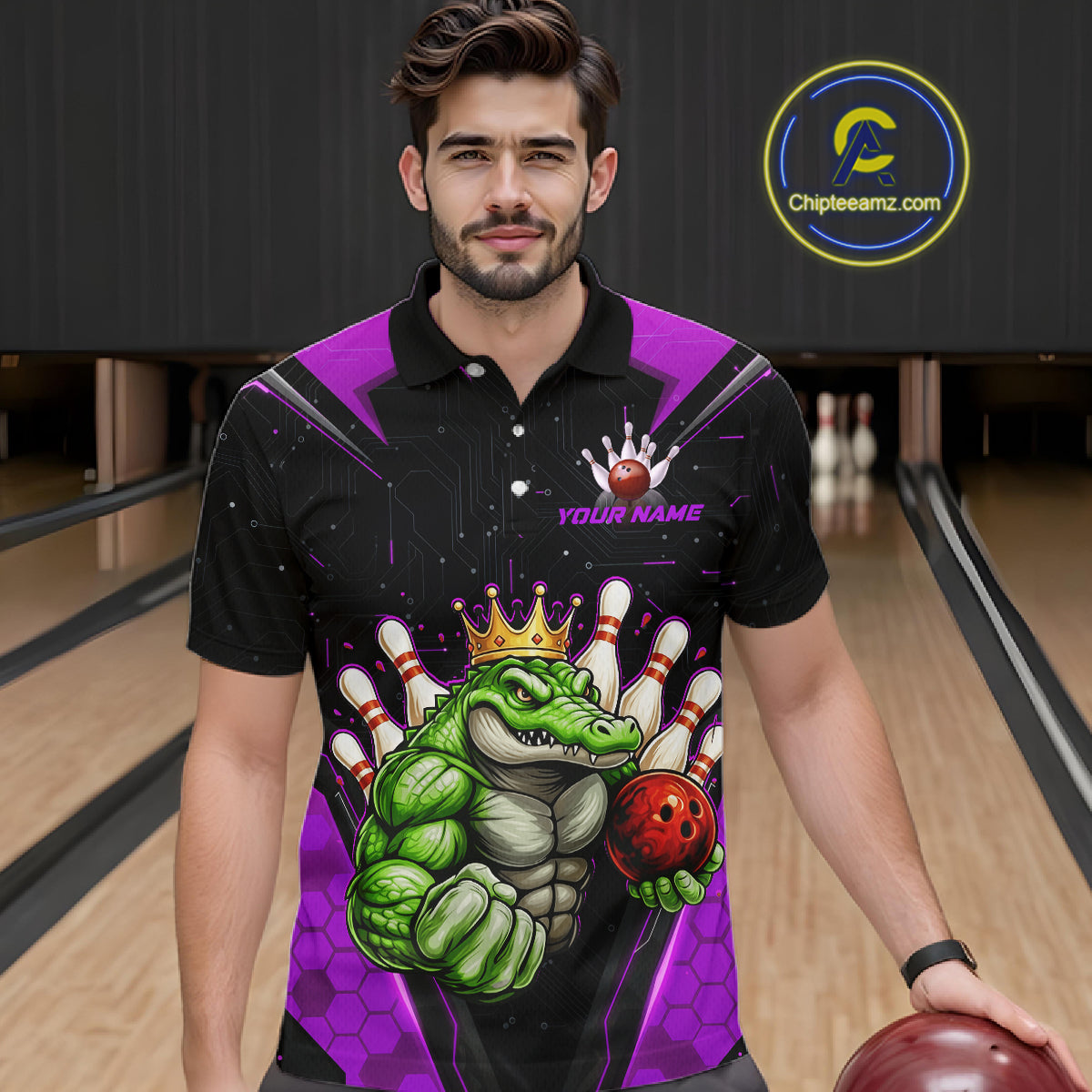 Custom Funny Purple Crocodile Bowling Shirt Alligator Bowling Jersey for Men Polo & 1/4 Zip QZT823
