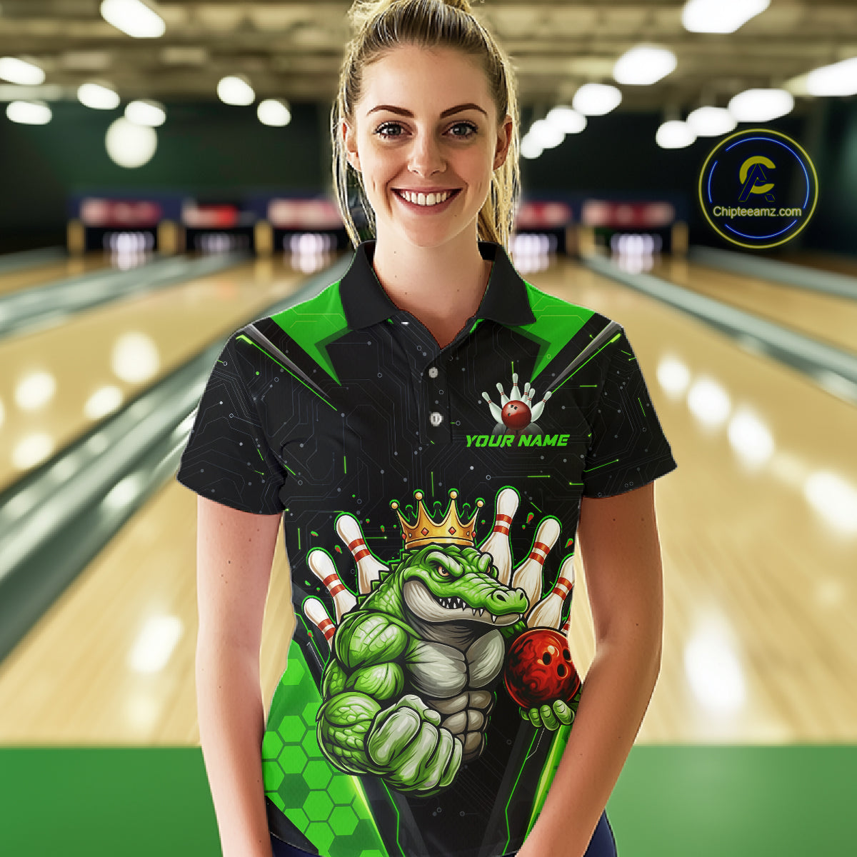Custom Funny Green Crocodile Bowling Shirt Alligator Bowling Jersey for Women Polo & 1/4 Zip QZT823