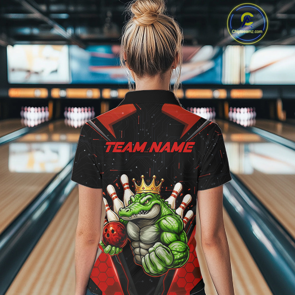 Custom Funny Red Crocodile Bowling Shirt Alligator Bowling Jersey for Women Polo & 1/4 Zip QZT823