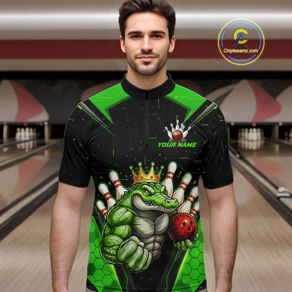 Custom Funny Green Crocodile Bowling Shirt Alligator Bowling Jersey for Men Polo & 1/4 Zip QZT823