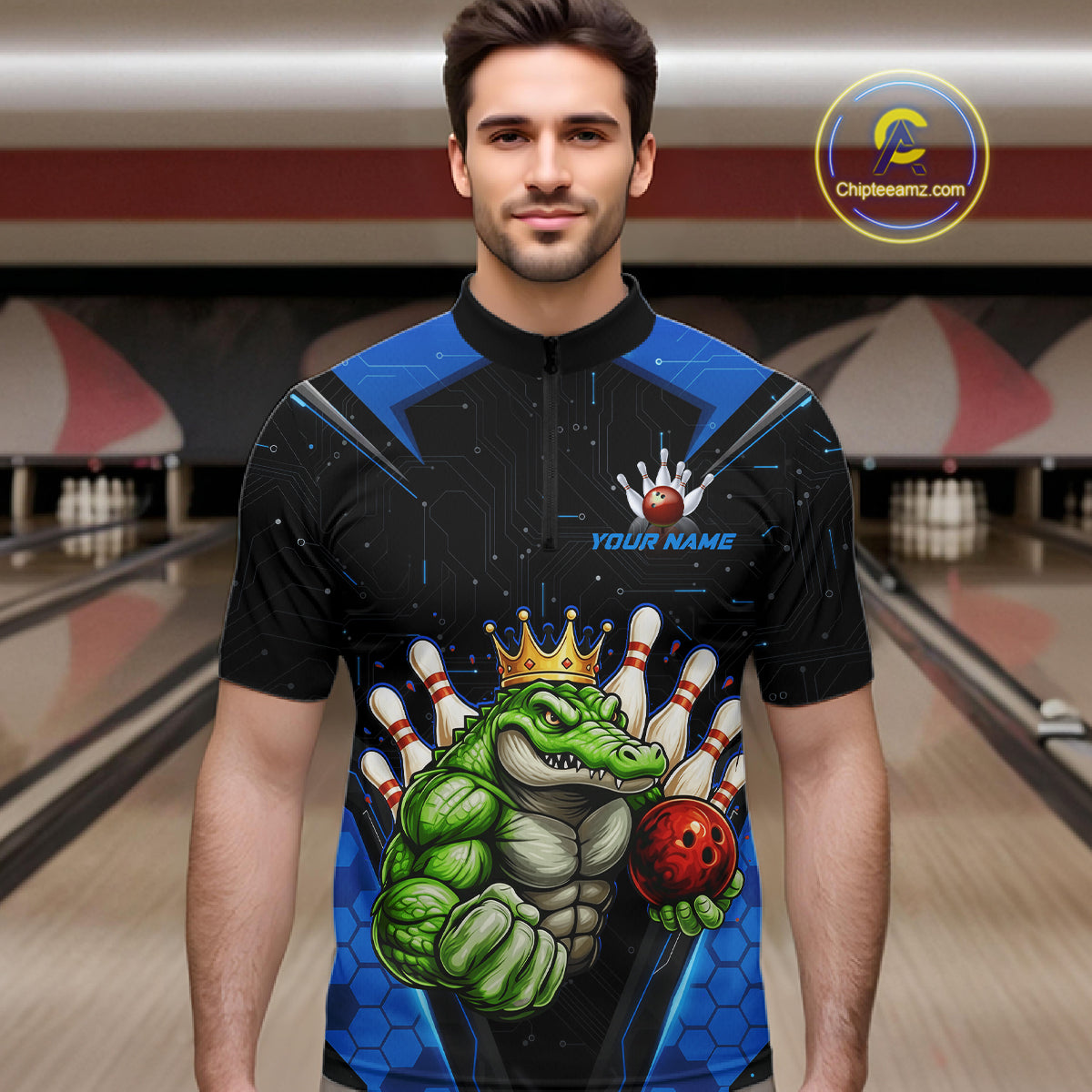 Custom Funny Blue Crocodile Bowling Shirt Alligator Bowling Jersey for Men Polo & 1/4 Zip QZT823